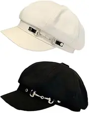 [AIMALL] 2pcs Retro Beret Hats Adjustable Big Head Circumference 22.83 Inches Black and White Octagonal Caps for Autumn and Winter