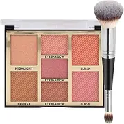 Joyeee Full Face Makeup Palette, 4 in 1 Small Nude Nake Makeup Palet with Highlight, Bronze, 3 Colors Eyeshdow, 2 Color Blush, Double Side Brush, Fine Silky Powder