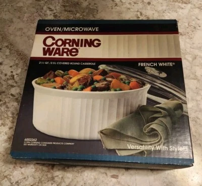 CORNINGWARE French White 2 1/2 Qt. Covered Round Casserole - Vintage - 6002262