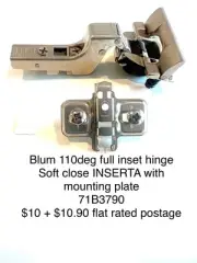 Blum 110° Soft Close Inserta Full Inset Hinge With Mounting Plate.