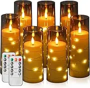 Flickering Flameless Candles,LED Pillar Canldes with String Light,Battery Operated Remote Control Timer Flameless Candles for Wedding Christmas Home Decor Set of 7 (D2.3in*H5 6 7in)