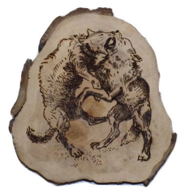 Fighting Wolf HANDMADE WOODEN FLAT BOARD PYROGRAPHY Wall Mounting Animals New