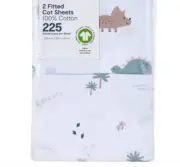 Baby Nursery Crib 100% Organic Cotton Fitted Cot Sheet Set 2 pcs Dinosaurs