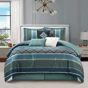 Stratford Park Blue Geometric King Size Comforter Set, 7 Piece, Jacquard Bedd...