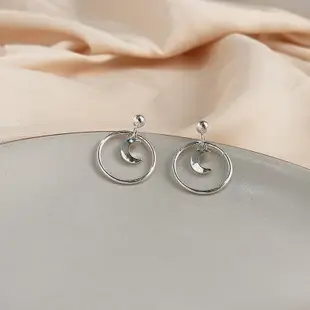 甜美少女圈圈耳環 S925銀針純銀耳環 月亮簡約百搭夾式耳環 小衆氣質耳飾 韓國耳環 飾品 T1016