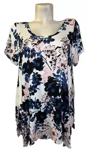 New TAHARI Top Plus Size 1X Blue Pink Floral Print SS Scoop Neck Stretch Tunic