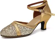 [Uonpie] Women's Latin Dance Shoes Sequin Closed Toe Ballroom Salsa Practice Performance Dance Shoes