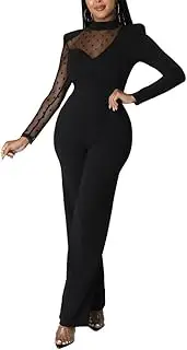 [GHAKKE] Women's Sexy Mesh Paneled Polka Dots Long Sleeve Cocktail Jumpsuits Small Turtleneck Solid Wide Leg Pants Rompers