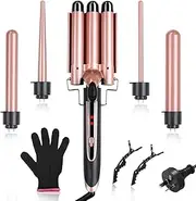 Curling wand, AU Plug 5 in 1 hair curler set, 9-32mm ceramic curling iron with PTC fast heating, adjustable temperature dual voltage curling iron, suitable for all hair types, comes with heat resistant gloves and 2 hair clips