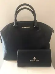 NWT MICHAEL KORS RILEY BLACK LEATHER TOP ZIP MED SATCHEL /LG WALLET And Extras