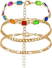[BOHUIZ] Gold Ankle Bracelets for Women, 14K Gold Plated Anklets for Women Waterproof Cuban Link Chain Anklets Set, Layered Anklet Bracelets Beach Gift Adjustable Size, one size, Alloy Steel, no