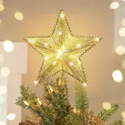 Christmas Star Tree Topper, Golden Glitter 3D Star Tree Top with LED Lights for Christmas Tree Decoration and Holiday Seasonal Decor - Gold