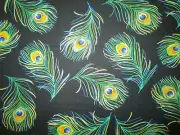 PEACOCK FEATHERS METALLIC GOLD BLACK FEATHER COTTON FABRIC BTHY
