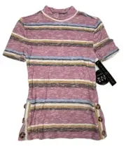 Small Almost Famous Sweater Knit Mock TurtleNeck Striped Side Buttons Rose Dust
