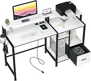 GreenForest Computer Desk with Drawers and Power Outlet, 55 inch Office Desk with Printer Shelf Monitor Stand, Work Desk with Cup Holder Hook, White, BERT