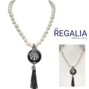 Pearl Hand Knotted Short Necklace with Unique Onyx Tree of Life & Tassel Pendant