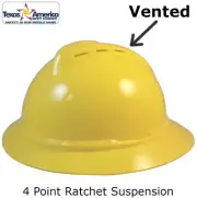 MSA Advance Full Brim Vented Hard hat with 4 pt Ratchet Suspension - Yellow