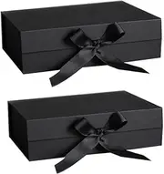 2Pcs Large Gift Box with Ribbon, 10.5"x7.5"x3.1" Gift Wrap Box with Magnetic Lid, Luxury Black Groomsman Proposal Box for Valentine's day, Bridal Gifts, DIY Christmas, Graduations