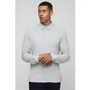 Mens Light Grey Slim Fit Pique Button Down Collar Jersey Shirt