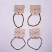 4 pcs Beaded Elastic Bracelets Silver and Gold Fashion Jewelry for Women NEW