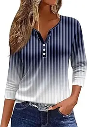 [Valtorixia] 3/4 Length Sleeve Women Henley V Neck Tops Casual Length Button Down Shirt Floral Print Blouses Plus Size Trendy Comfy Tees (color-b-20,Medium)