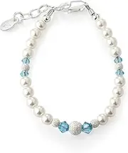 [Cherished Moments] Sterling Silver Bracelet for Newborn Baby Girls, Toddlers, Kids and Little Girls with High-End Simulated Pearls and Aqua Blue Crystals