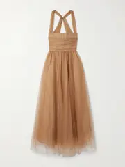 [STAUD] STAUD - Antonia Ruched Gathered Tulle Gown - Camel - US14 US 14 Brown
