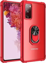 Cavor for Samsung S20 FE Case,for Samsung Galaxy S20 FE 5G Case,Clear PC Case TPU Bumper Protective Cover 360°Rotation Ring Holder Kickstand [Work with Magnetic Car Mount] (6.5")-Red