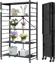 [SNSUTY] 5-Tier Steel Standing Rack with Wheels, Foldable Bakers Storage Bookshelf, No Assembly Large Kitchen Storage Shelf for Microwave Oven Pots and Pans（Black）