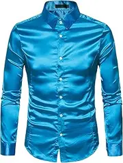 [DGHM-JLMY] Men's Shiny 70s 80s Long Sleeve Ballroom Shirt Metallic Gold Sliver Nightclub Shirt for Men Funky Disco Shirt