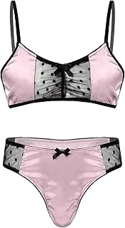[Riismen] Men's Sissy Satin Crossdress Lingerie Set Lace Trim Bra Top with Jockstrap Micro Panties Nightwear