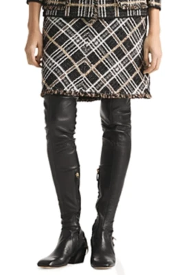 St. John Women Metallic Threaded Fringe Trim Skirt Black/Ecru/Gold Multi Size 10