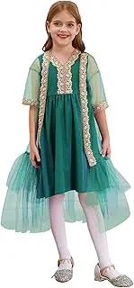 [Linjinx] Kids Girls Medieval Renaissance V Neck Sleeveless Ruffled Dress with Short Sleeve Tulle Cloak Wedding Birthday