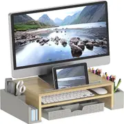 Oak Monitor Stand Riser with Desk Organizer & Drawer
