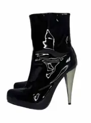 RRP$230 Zoe Wittner Black Leather Patent Shoes Boots Chrome Pointed Heel 38 7