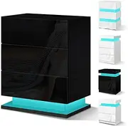 ALFORDSON LED Bedside Table High Gloss Nightstand Cabinet with 3-Drawer Wooden Bedroom Furniture Storage Cabinet Chest Sofa Side End Table for Hallway, Bedroom and Living Room (Zaim Black)