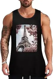 [NQHJT] Men Tank Tops Eiffel Tower Blossoms Sleeveless T Shirts for Men's Fitness Quick Dry Gym Tank Top for Men