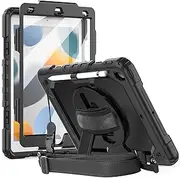 Herize iPad 9th 8th Generation Case Cover 2021 2020 | iPad 7th 10.2 inch Case with Screen Protector&Pencil Holder, Heavy Duty Rugged Protective Case w/Stand, Hand&Shoulder Strap for Kids Black