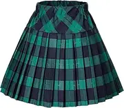 [EXCHIC] Women's Tartan Elastic Waist Pleated Plaid Skirt Skater Tennis School Mini Skirts