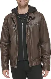 [Calvin Klein] Men's Faux Lamb Leather Moto Jacket with Hoodie