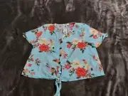 NWT Pink Rose Blue Floral Button Up Blouse Tie Waist Womens Top Size Medium