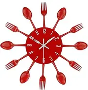 Timelike Kitchen Wall Clock, 3D Removable Modern Creative Cutlery Kitchen Spoon Fork Wall Clock Mirror Wall Decal Wall Sticker Room Home Decoration (Red)