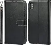 Cavor for iPhone X, iPhone Xs Wallet Case for Women Flip Folio Kickstand PU Leather Case with Card Holder Wristlet Hand Strap Stand Protective Cover for iPhoneX/iPhoneXs 5.8'' Phone Cases-Black