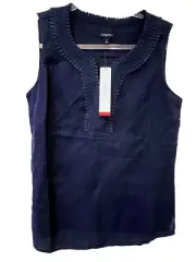 Talbots Womens Size Small Split Neck 100% Linen Shell Tank Top Navy Blue NEW nwt