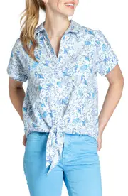 APNY Floral Tie Front Cotton Camp Shirt in Light Blue at Nordstrom, Size Small