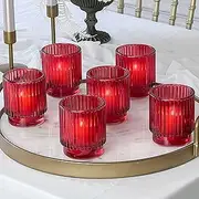 [Kate Aspen] Vintage Ribbed Red Glass Tealight & Votive Candle Holders (Set of 6), Fall Decor, Boho Decor, Shelf Decoration (27206RD)
