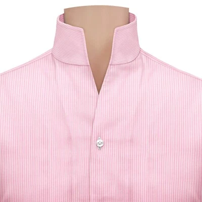 Karl Lagerfeld Style Mens Long Sleeve High Open Collar V Neck Pink Stripes Shirt