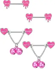 [OUFER] 4PCS Pink Nipple Rings, Heart Nipple Piercing Jewelry Surgical Steel, Dangle Nipple Barbells, Letter Nipple Rings For Women