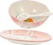 Baby Plate Bowl Spoon Set Ceramic Plate and Bowl Set Toddler Food Serving Pink Ceramic Set