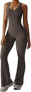 [Generic] Womens Flare Jumpsuit with Bra Tummy Control Cutout Romper Workout Outfit Sleeveless Unitard One Piece Backless Bodysuit